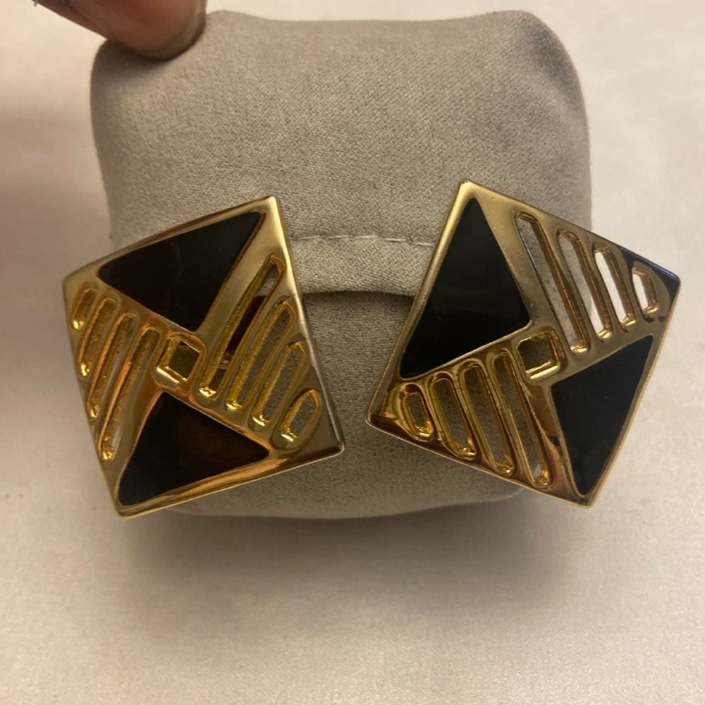 Vintage Gold Tone Black Enamel Designer runway clip-on earrings